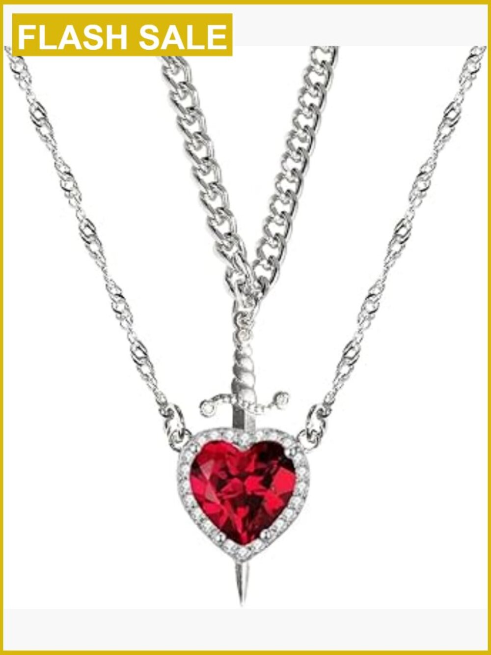 Heart Sword Couples Necklace Set Stainless Steel Cuban Chain